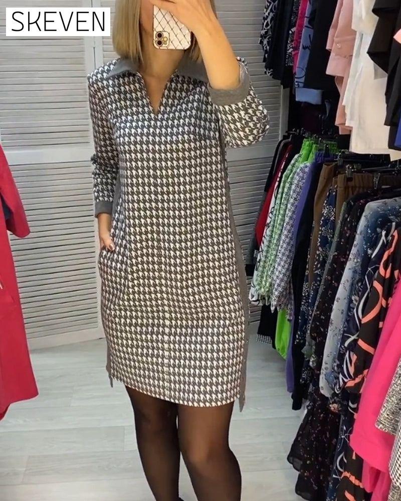 Kleid mit Reverskragen, Tasche und Karomuster