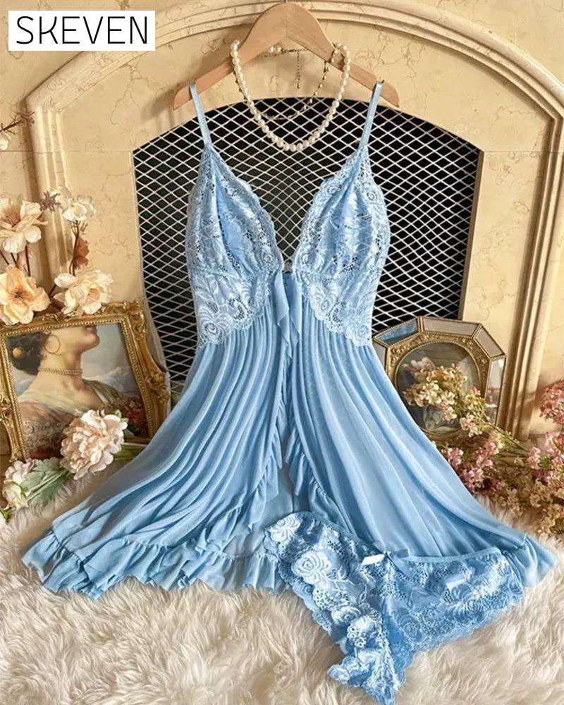 Ladies' Sexy Ruffle Trim Lace Cami Nightdress & Bow Decor Panty Set