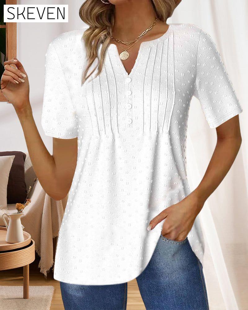 Simple solid color jacquard V-neck short-sleeved top