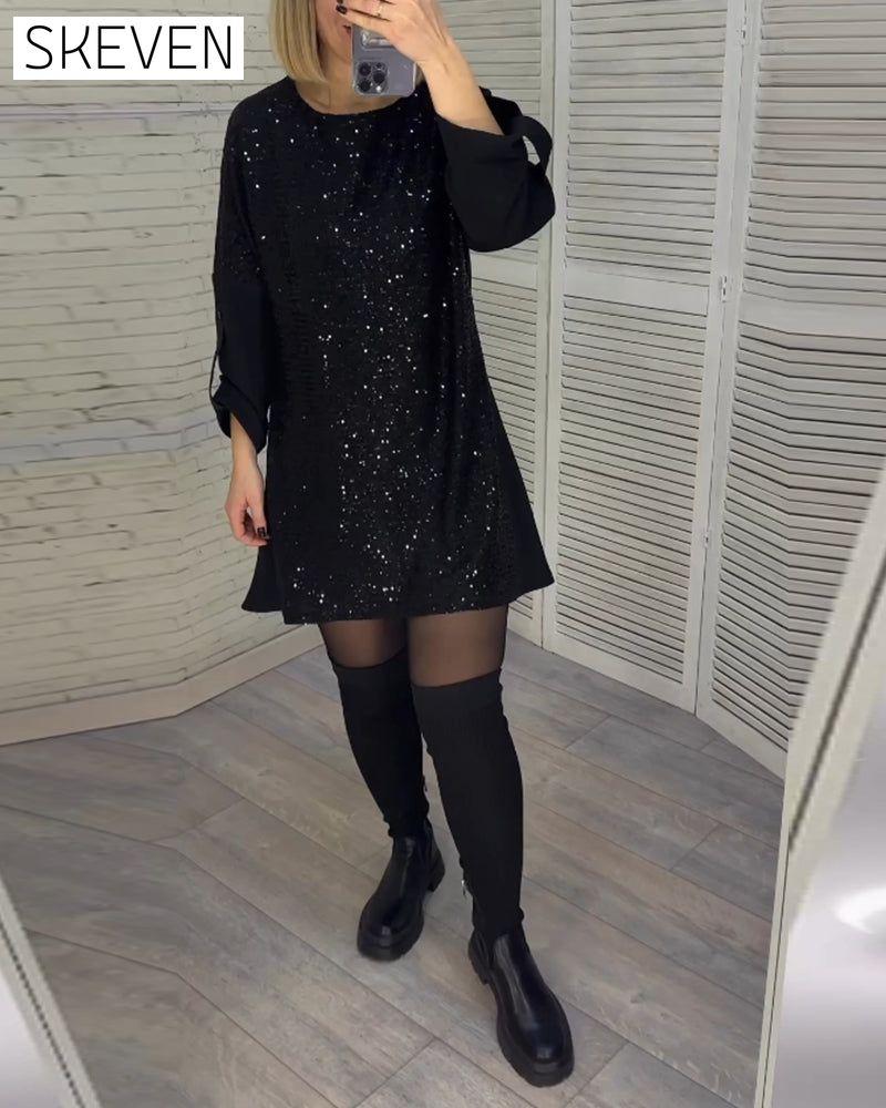 Sequin ruched sleeve dress