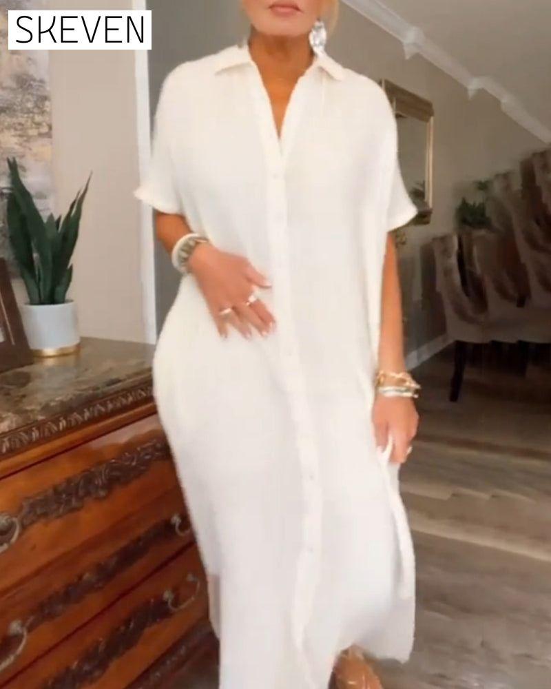 Solid color lapel slit short sleeve dress casual dresses summer