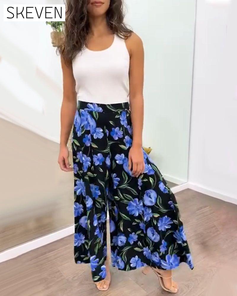 Floral print high waisted wide leg pants