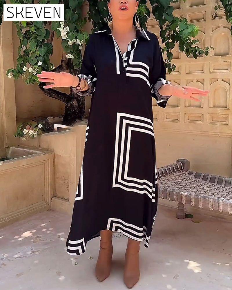 Lapel rectangular printed casual dress