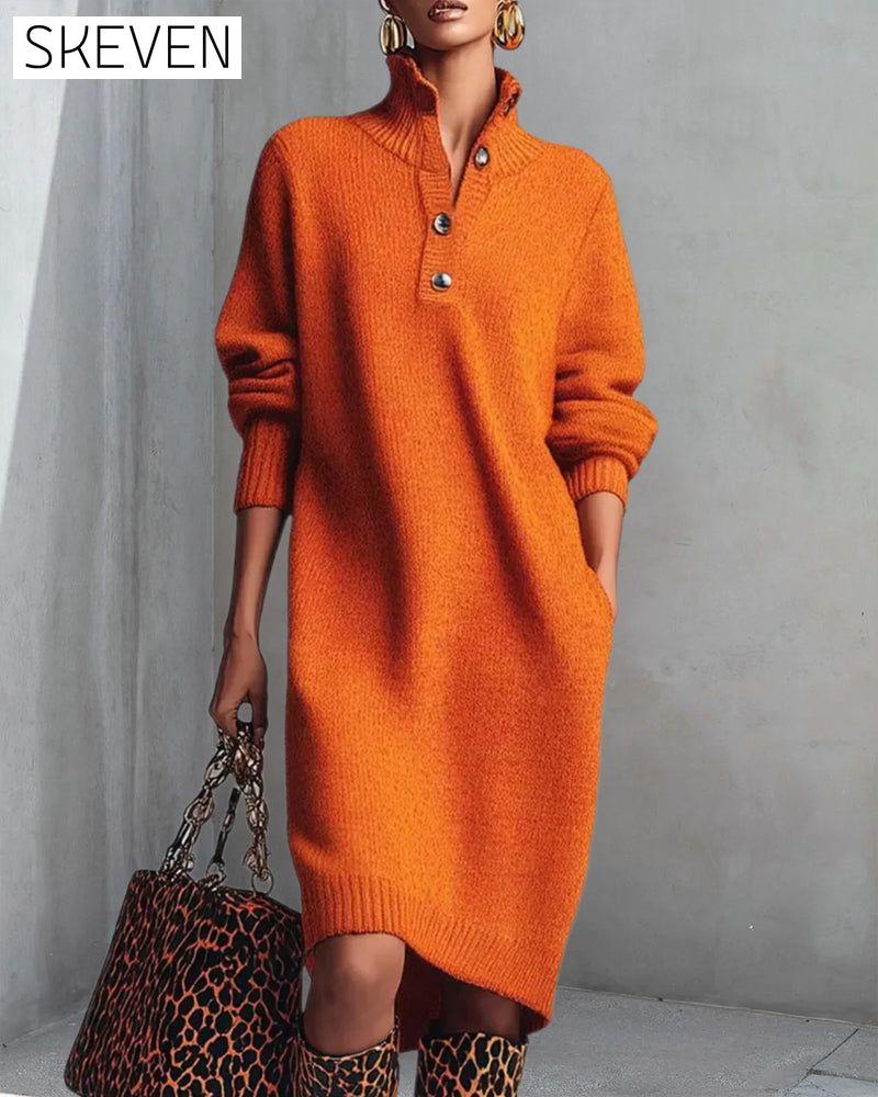 Solid Color Button High Neck Dress
