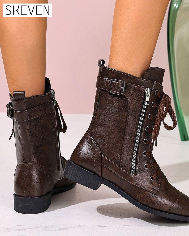 Women's Round Toe Side Zipper Leather Orthopedic Boots