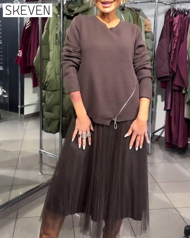 Set aus stylischem Pullover mit Reißverschluss und Rundhalsausschnitt