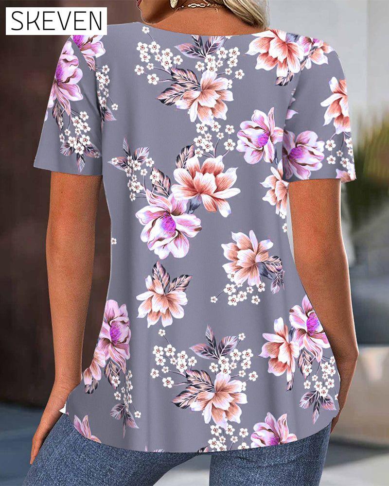 Crew Neck Pleated Print Blouse