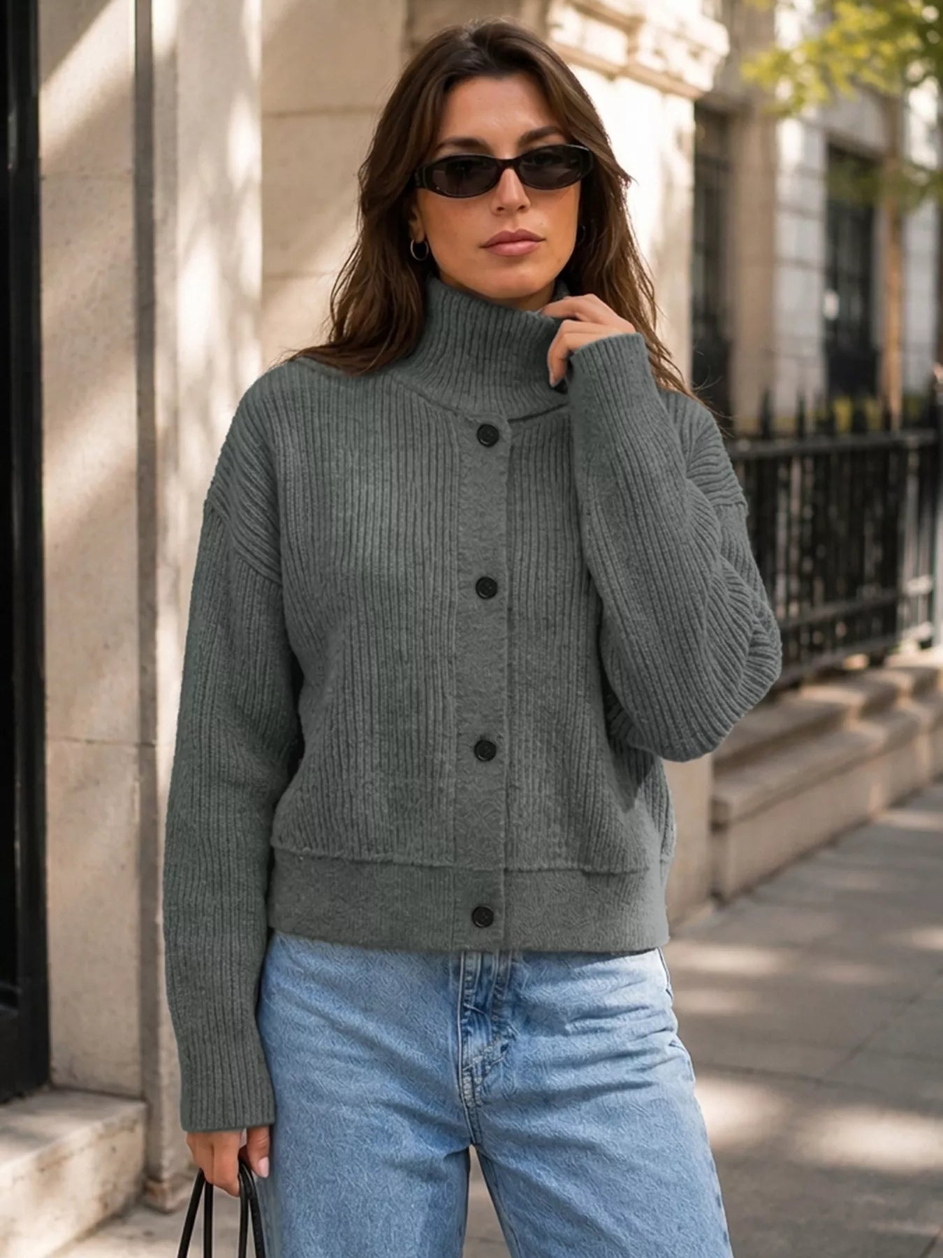 Turtleneck Button-Down Cardigan