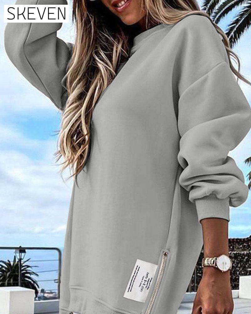 Long Sleeve Pullover Zipper Slit Casual Sweatshirt Dress
