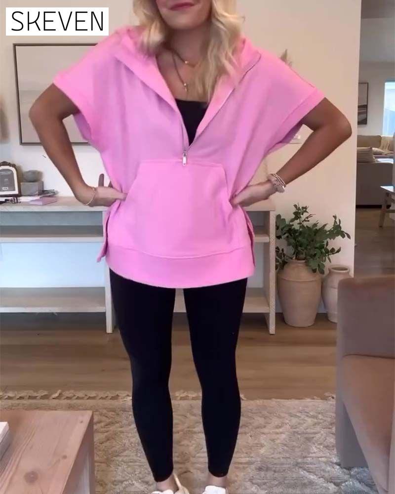 Sweat à capuche à manches courtes et poche demi-zip