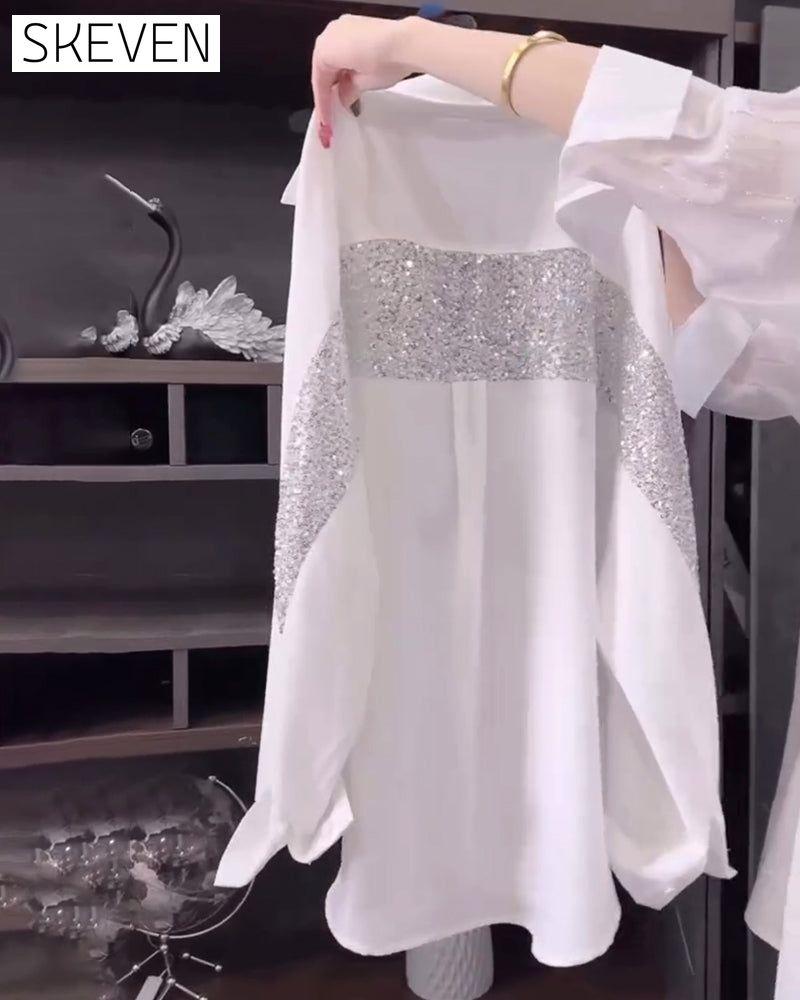 Chemise à manches longues à sequins et revers