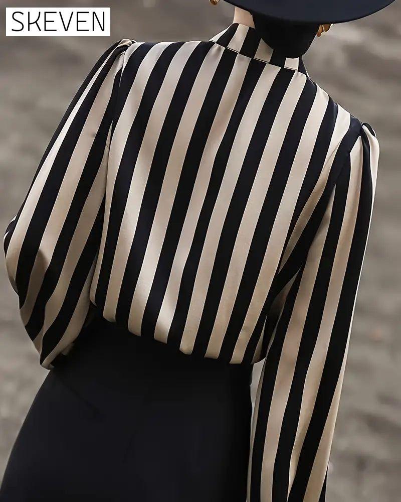 Drape Stand Collar Striped Blouse