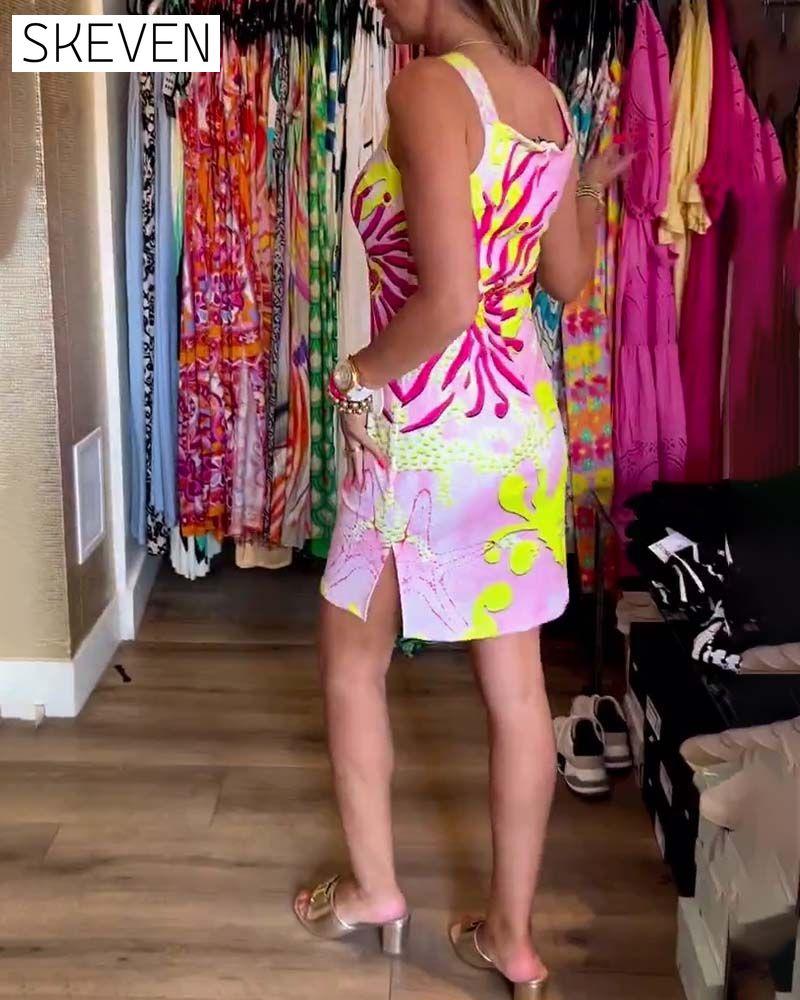 Ärmelloses, geblümtes Kleid, knielang