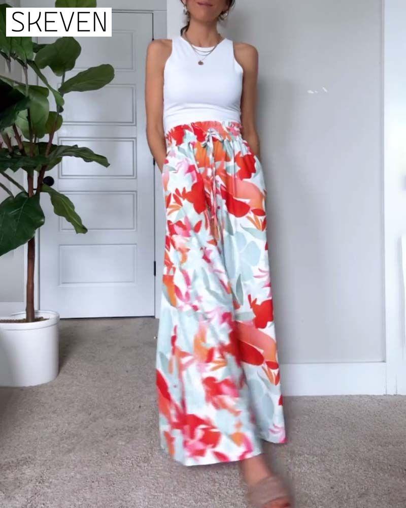 Leaf print drawstring long wide-leg pants pants spring summer
