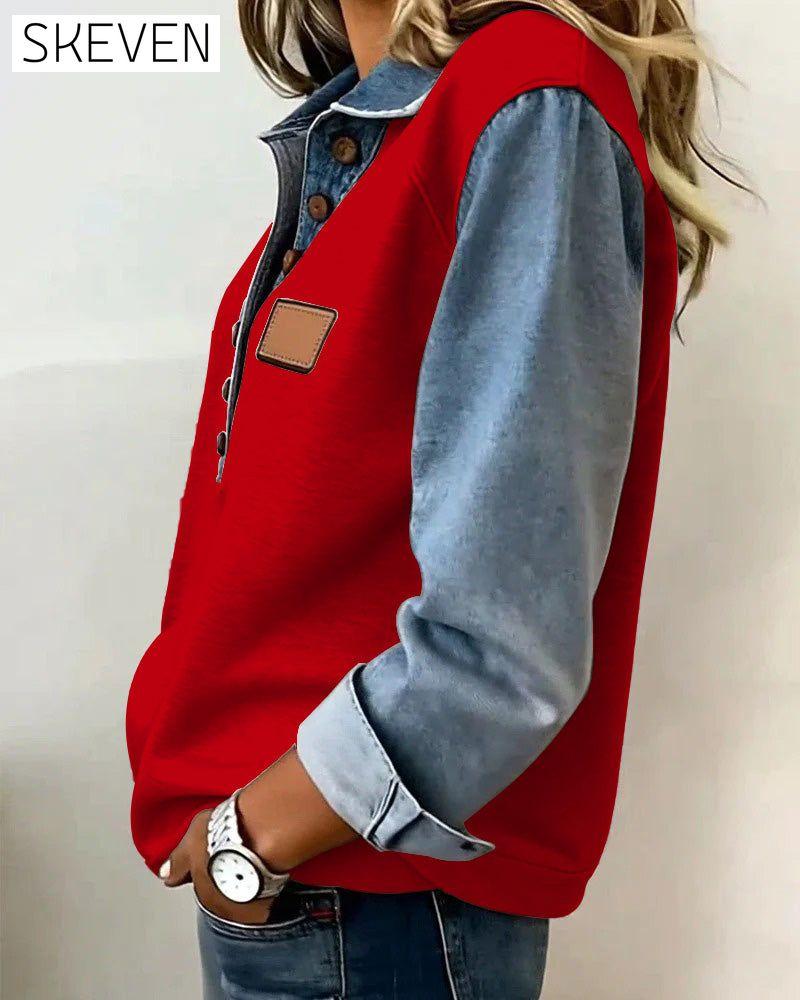Sweat-shirt à manches longues en patchwork de denim élégant