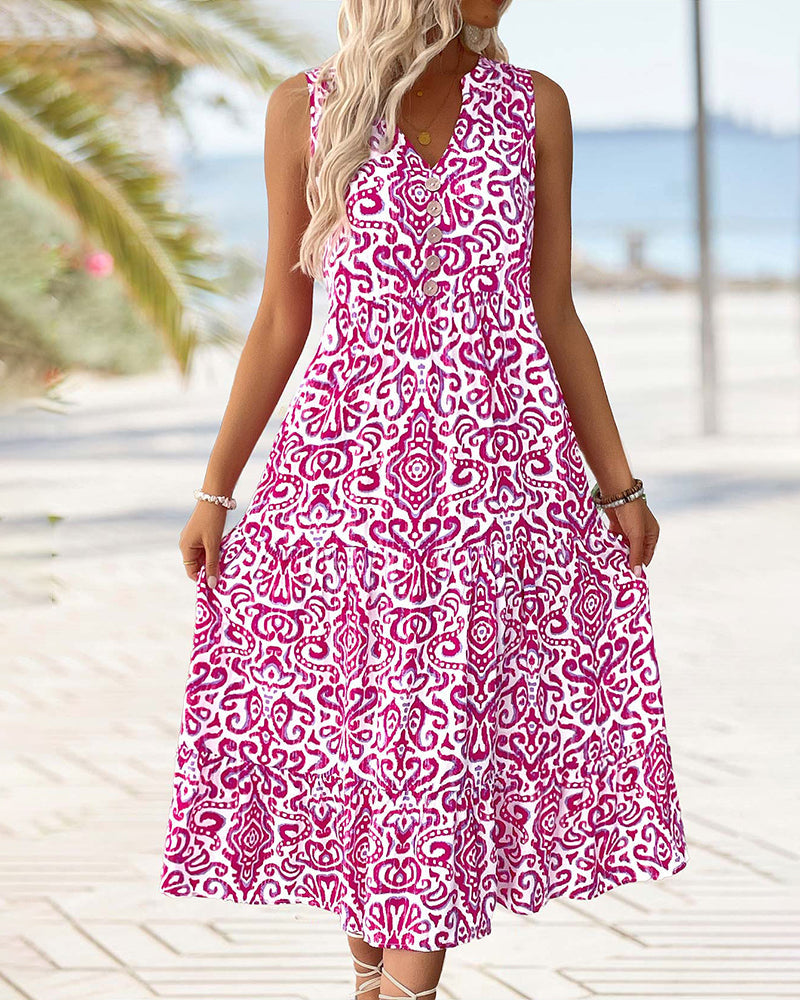 V-Neck Button Sleeveless Dress