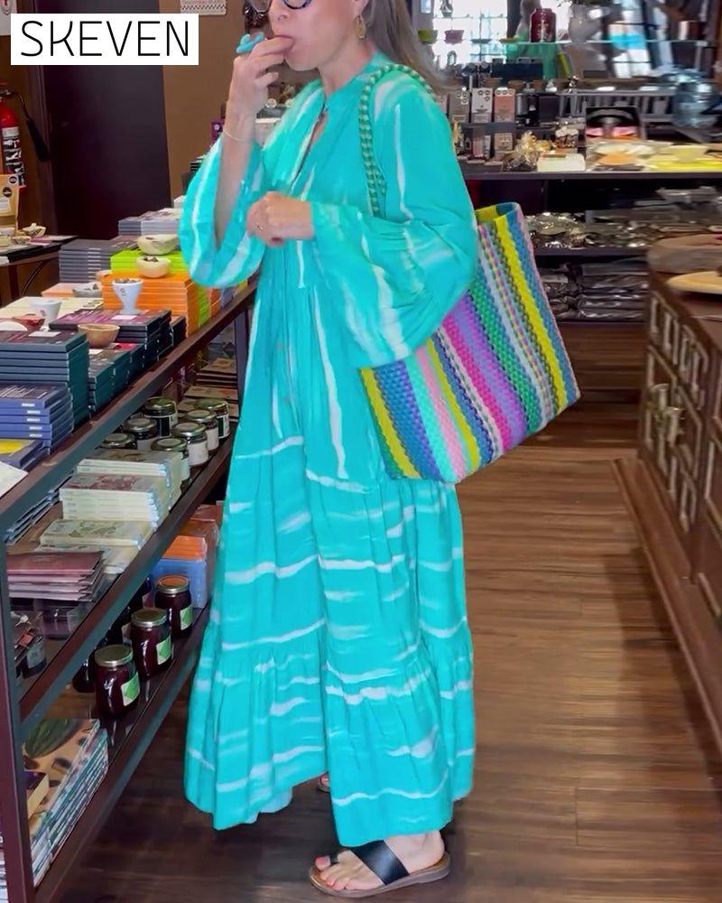 Casual V-neck flare sleeve loose long dress