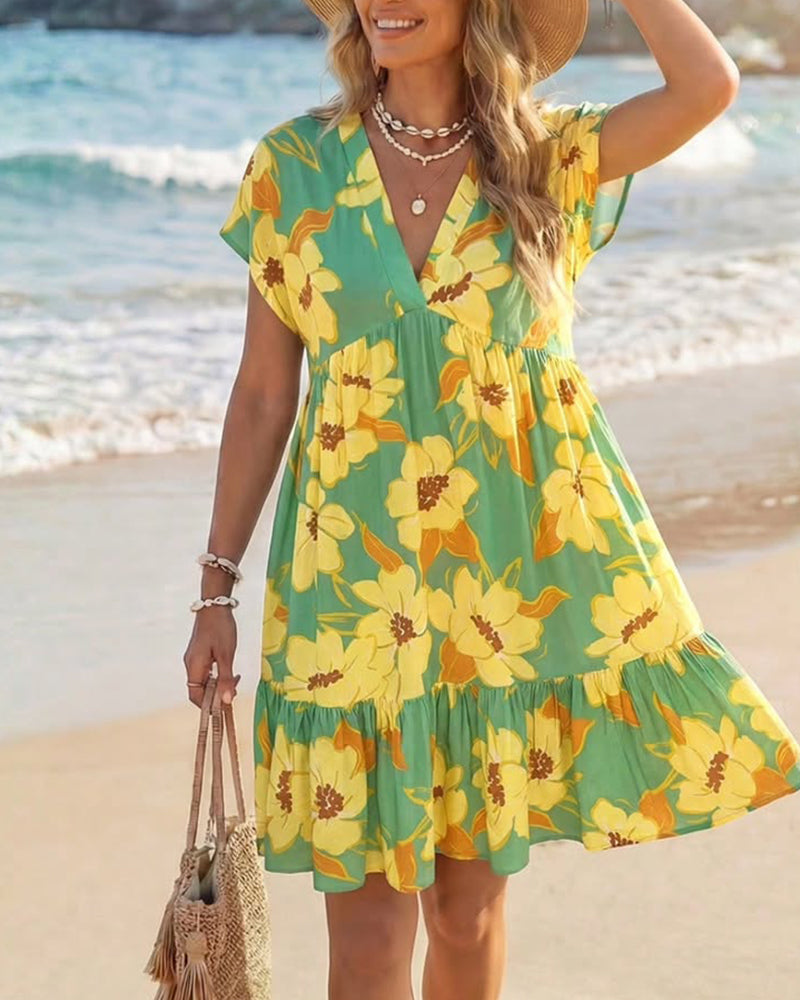 V-Neck Floral Print Babydoll Dress