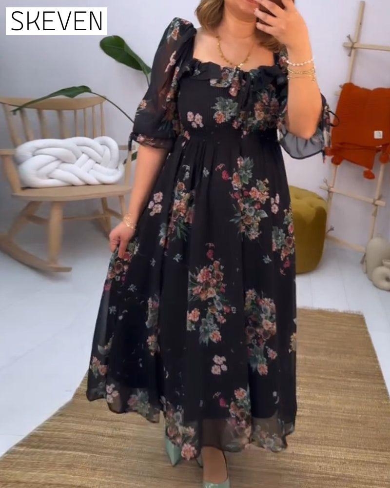 Floral print square neck elegant dress