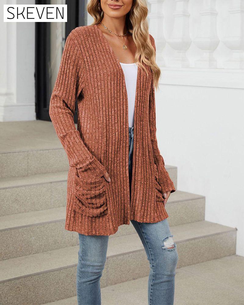 Casual solid color pocket long sleeve cardigan