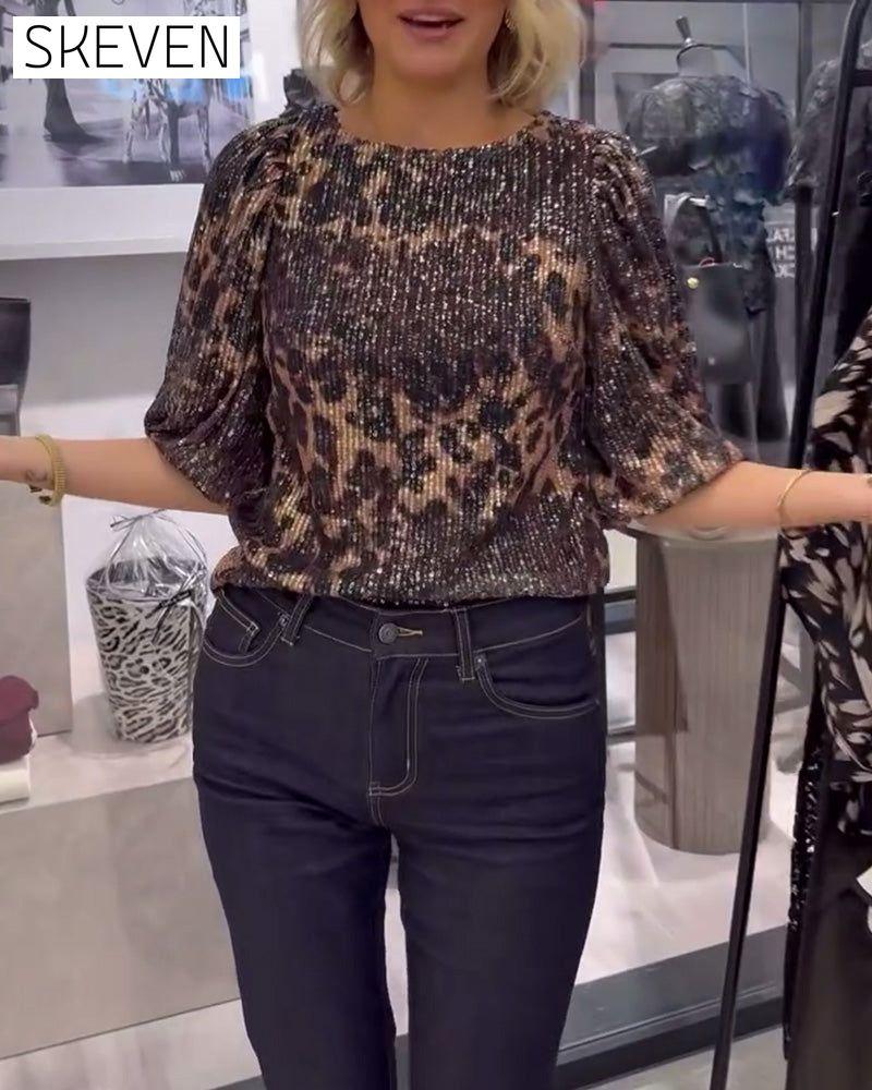 Lantern-Sleeve Sequined Leopard-Print Blouse