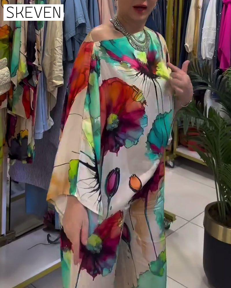 ensemble à imprimé lotus, une épaule et manches trois-quarts