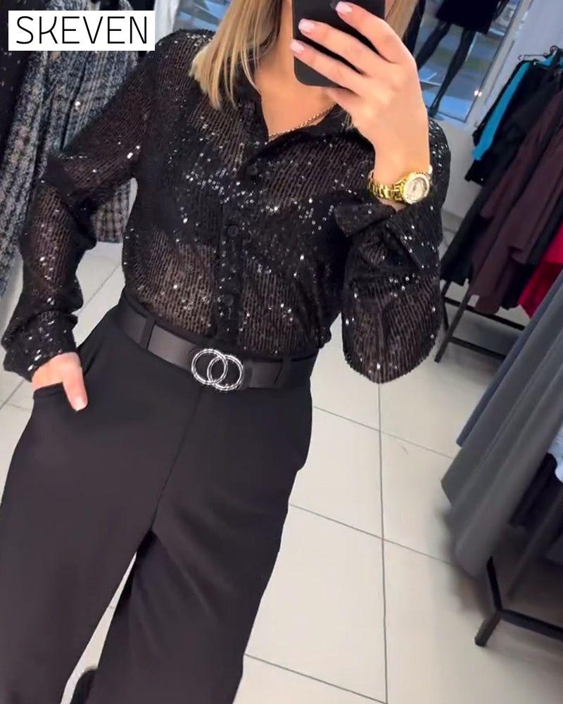 Button-Down Lapel Sequined Shirt