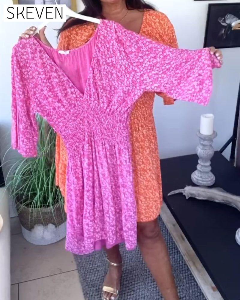 Printed V-neck Flare Sleeve Dress