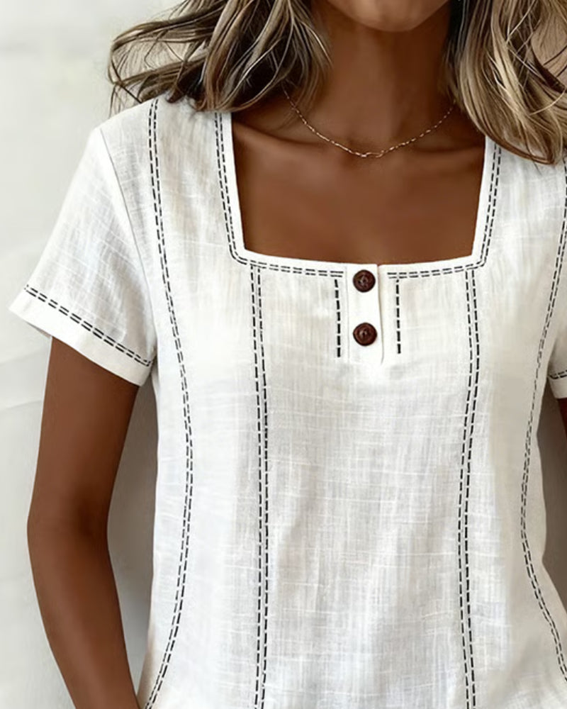 Small Square Neck Solid Button Blouse