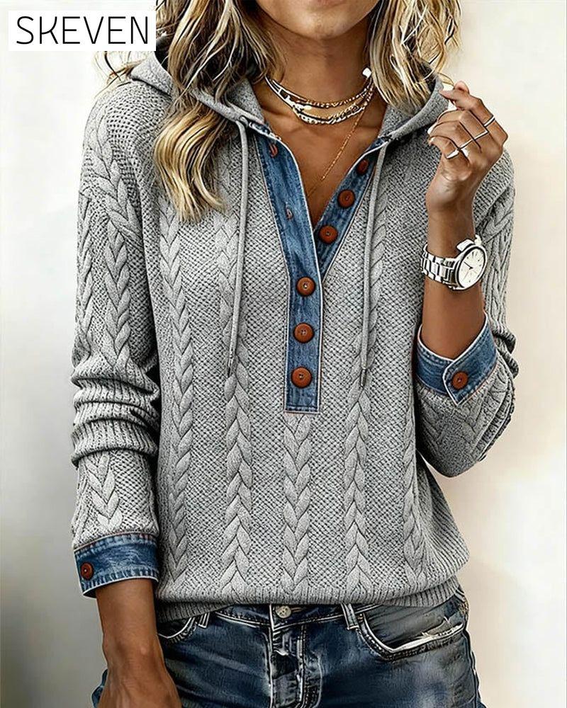 Color-Blocked Button Long-Sleeved Hooded