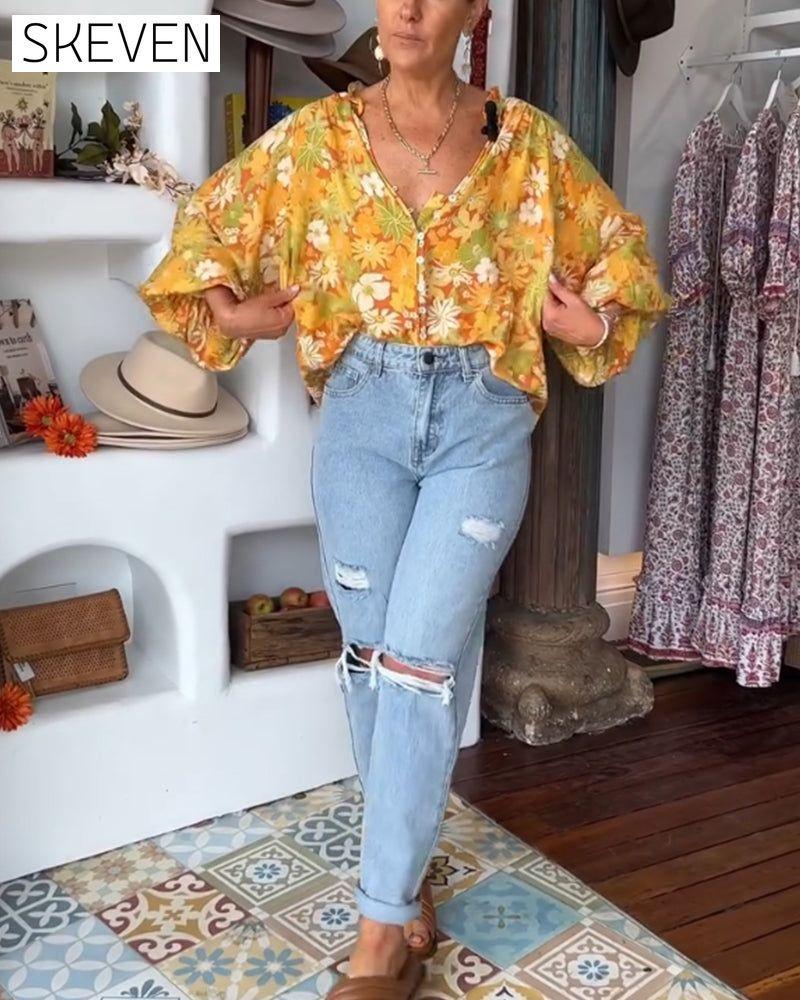 Bluse mit V-Ausschnitt und Blumenmuster
