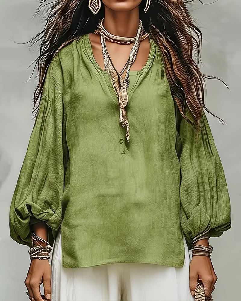 Casual Lantern Sleeve Solid Loose Fit Blouse