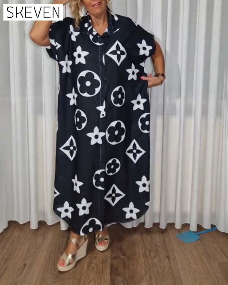 Contrast print lapel button casual dress