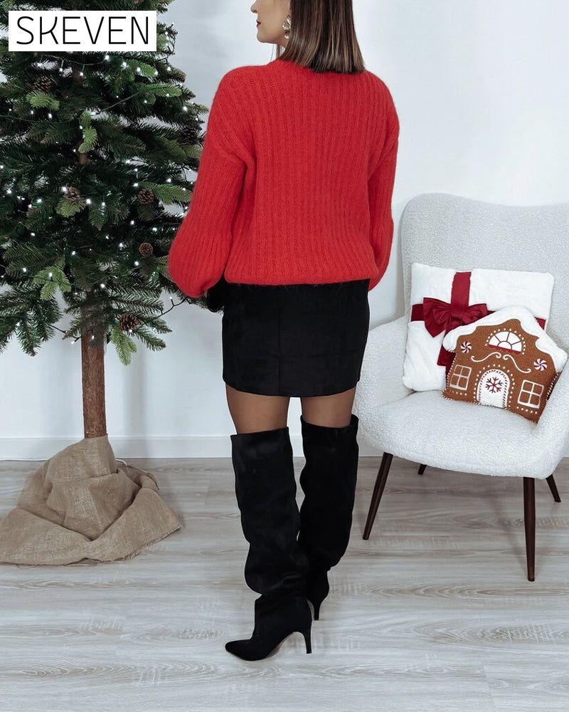 Lantern Sleeve Round Neck Short Jumper