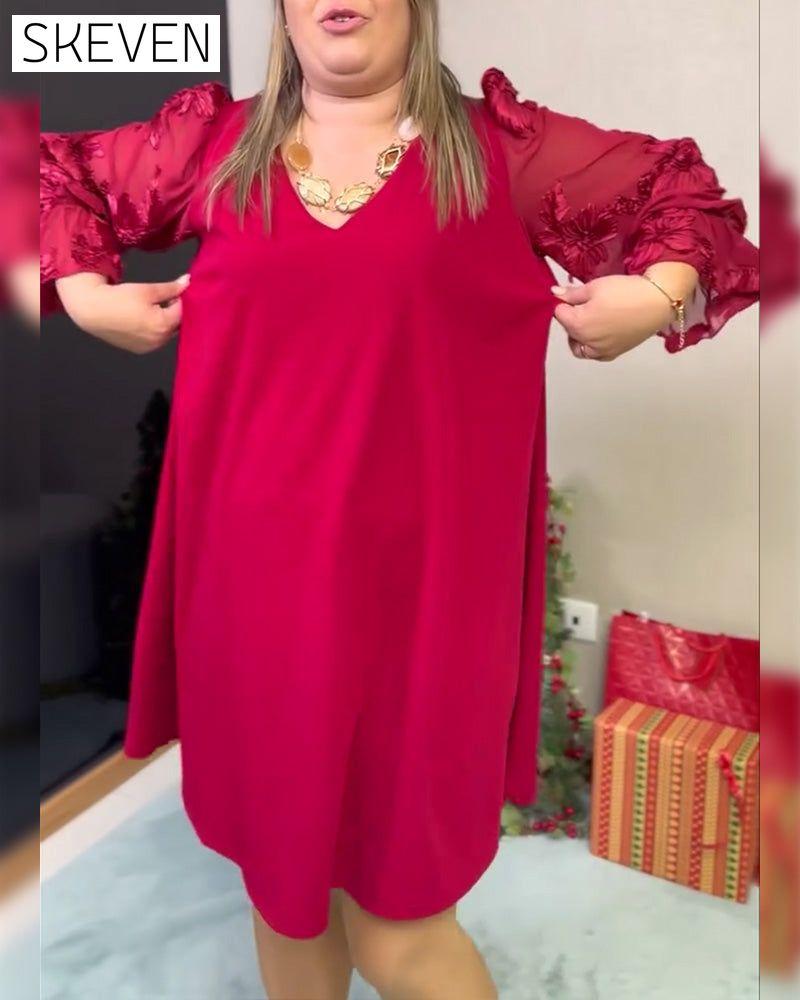 Puff Sleeve Tulle Panels V-Neck Loose Dress