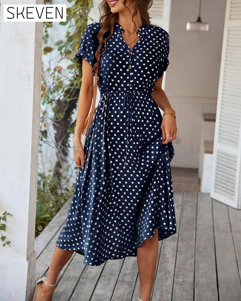 Polka Dot Drawstring Button Dress