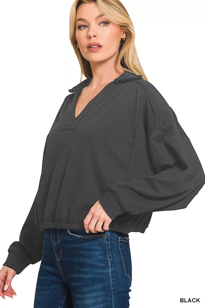 Zenana Sweatshirt aus French Terry mit Kragen und sichtbaren Nähten
