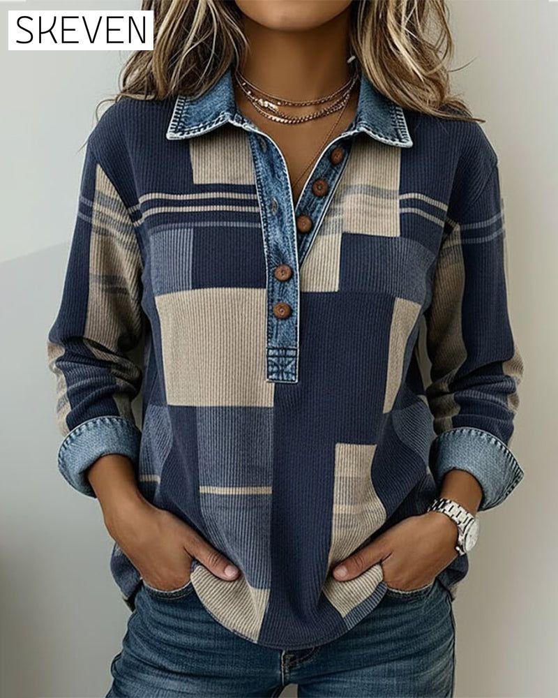 Button-Down Color-Blocked Printed Sweatshirt