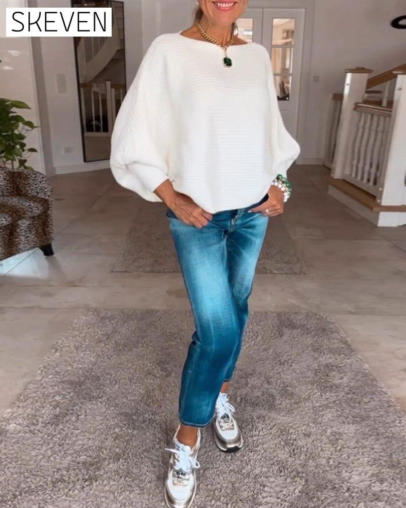 Lantern Sleeve Solid Color Sweater