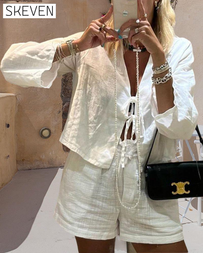 Solid color strappy top and shorts two-piece set summer two-piece sets