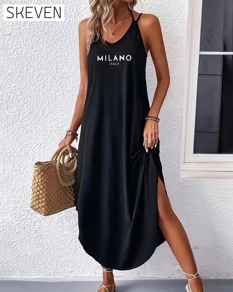 Bedrucktes Kleid mit V-Ausschnitt, Trägern und Schlitz