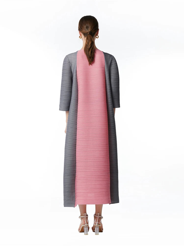 Miyake Pleated Contrast Splice Midi Dress