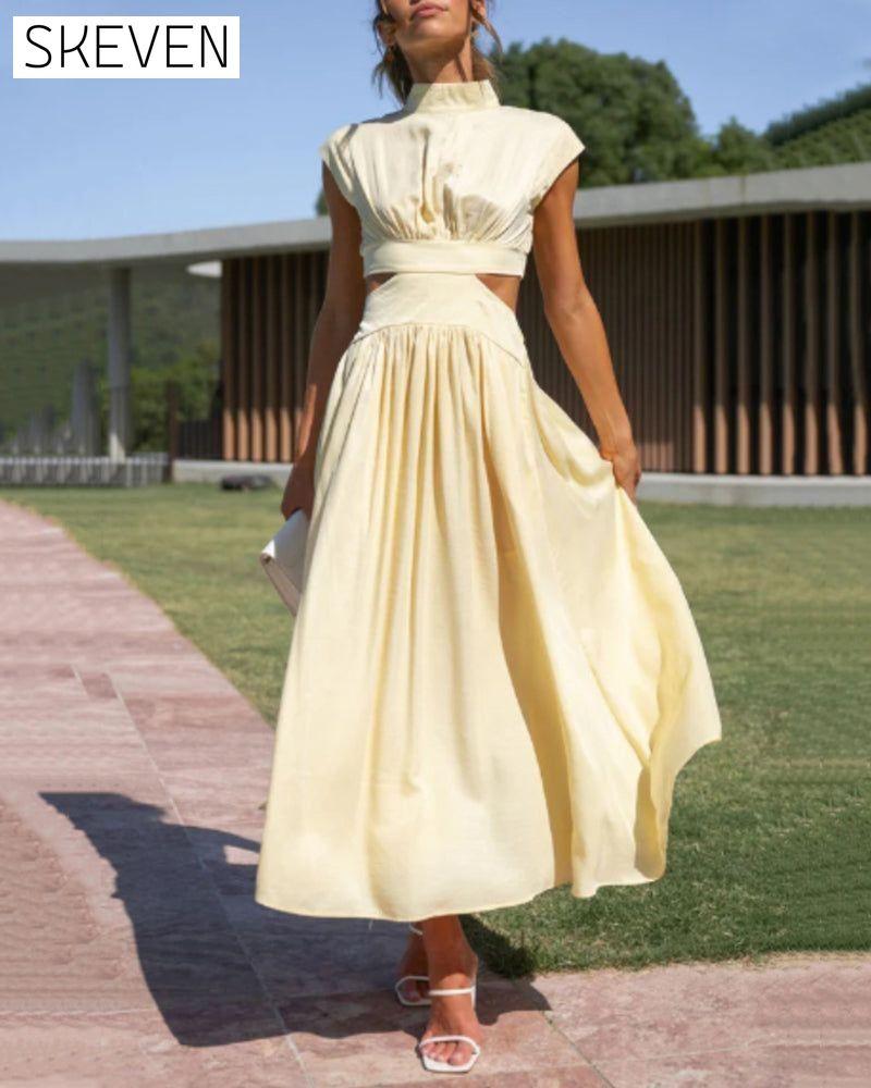Stand collar off waist solid color long dress Yellow 23BF Casual Dresses Clothes Dresses Summer