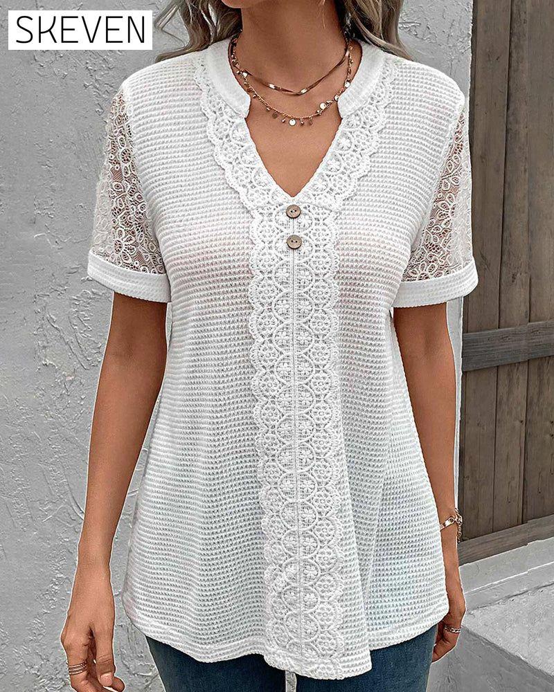 Solid color v-neck lace T-shirt