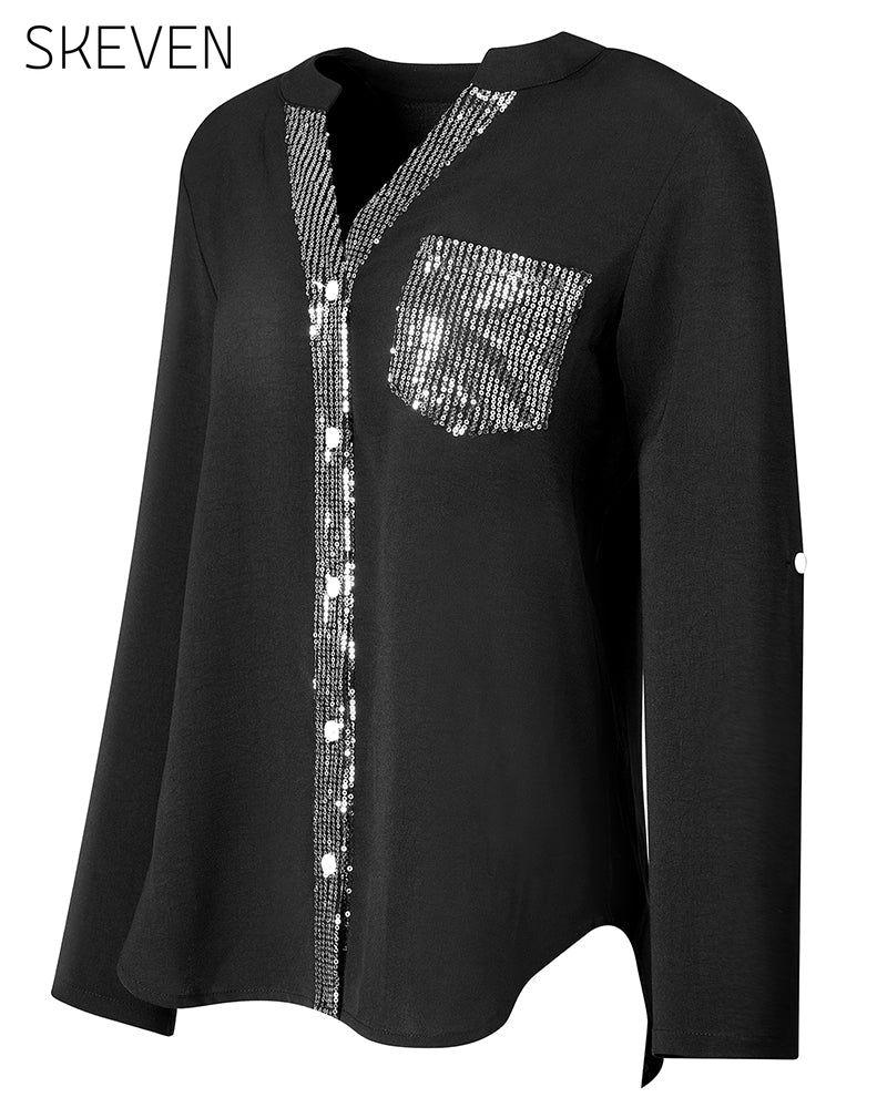 Paneled sequin button casual top