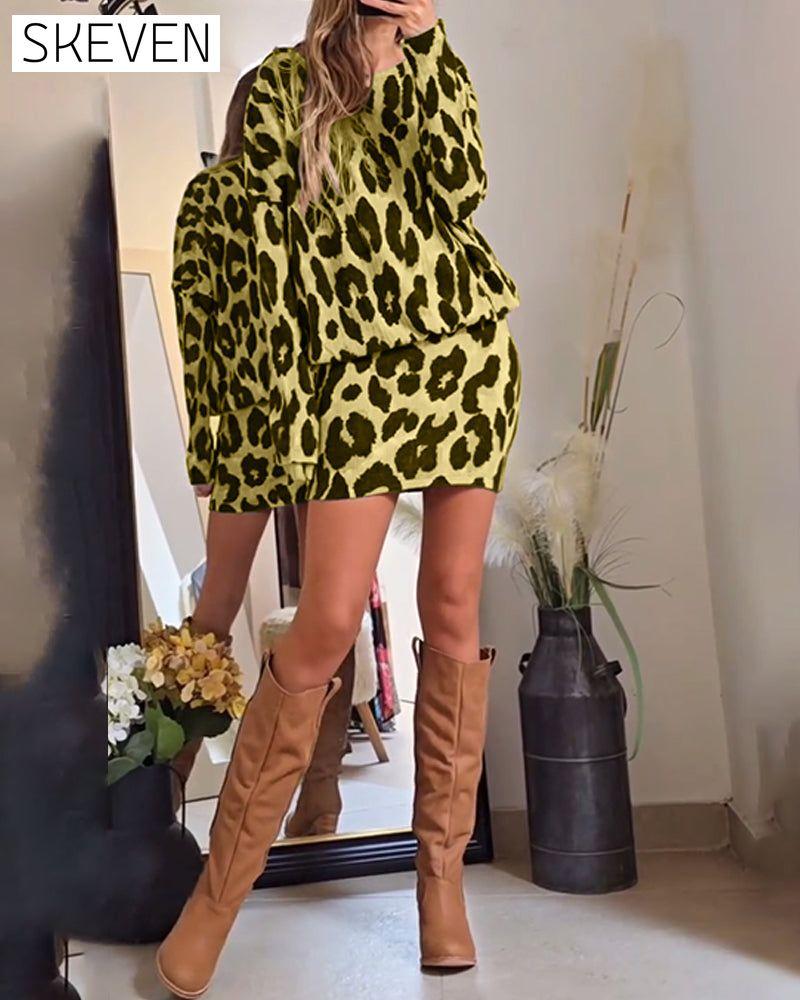 Fashionable leopard print long-sleeve hip dress