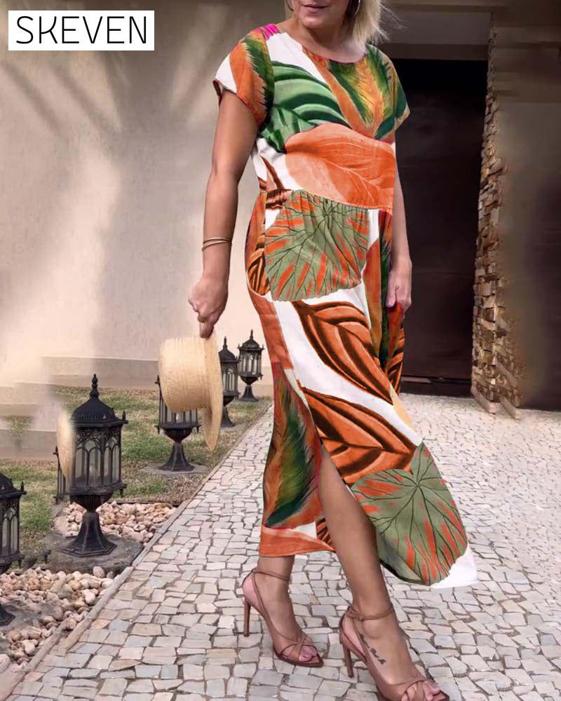 Leaf print short sleeve slit dress