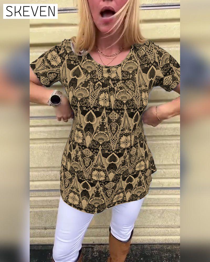 Casual Retro Crew Neck Printed T-Shirt