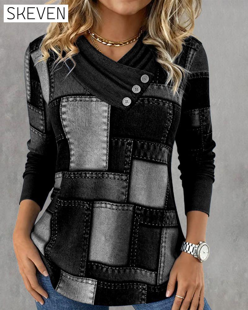 Langarmshirt mit V-Ausschnitt und kontrastierender Farbe
