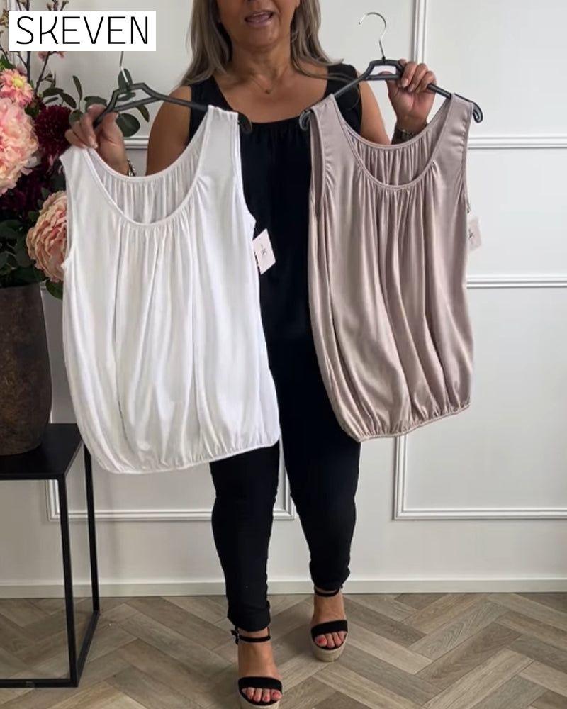 Ärmelloses, einfarbiges, plissiertes Tanktop